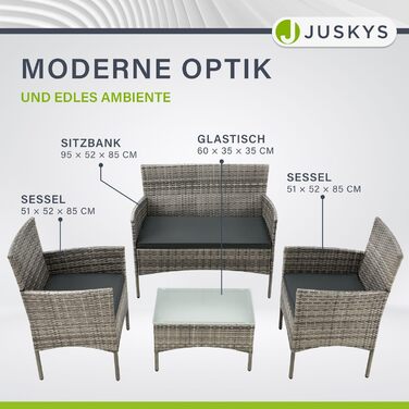 Набір садових меблів Juskys Polyrattan Fort Myers на 4 особи: диван, 2 крісла, стіл, подушки. Чорний/кремовий, вологостійкий, для балкона та саду