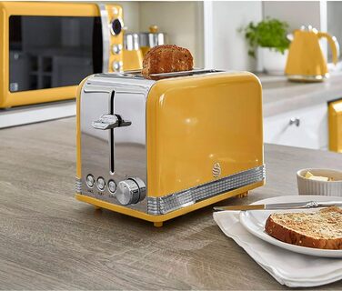 Тостер Swan Retro ST19010, 2-слотовий, широкий, 815 Вт, 6 режимів, нержавіюча сталь, жовтий, ретро-дизайн, розморожування, підігрів, скасування
