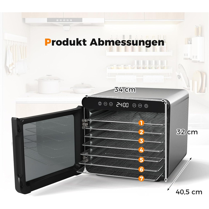 Дегідратор COSTWAY 600W з 7 stainless-steel лотками, сушарка для овочів, фруктів та м'яса з таймером на 24г та регулюванням температури 30-75°C
