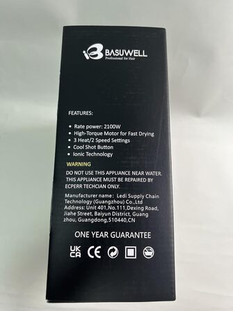 Фен для волосся Basuwell 2100 Вт з іонізацією, інфрачервоний, потужний AC-мотор, дифузор, насадка-гребінець, європейська вилка, фіолетовий