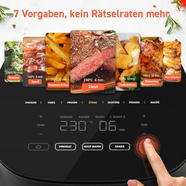 Аерофритюрниця COSORI 4,7 л, 7-в-1, тиха 55 дБ, 230°C, енергозбереження 55%, для курки, стейка, бекону, заморожених продуктів, з 100+ рецептами, підходить для посудомийної машини