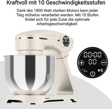 Планетарний міксер KLAMER 1800W для тіста з чашею 6л з нержавіючої сталі, 10 швидкостей, таймером та набором насадок (гак, вінчик, міксер), колір Premium Creme