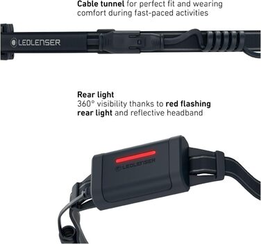 Світлодіодний налобний ліхтар Ledlenser NEO9R для бігу, 1200 лм, акумуляторний, червоне сигнальне світло, відбиваючий ремінець, поворотна головка, чорний/сірий