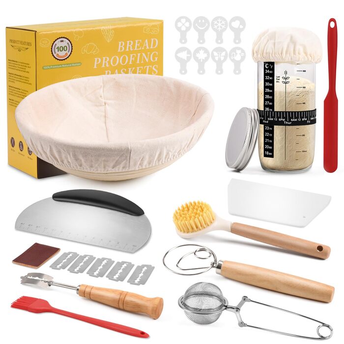 Набір для закваски Sauerteig Starter Set: 11 предметів, круглий гніт для хліба 23 см, повний набір аксесуарів для випікання хліба, подарунковий набір для початківців та досвідчених пекарів