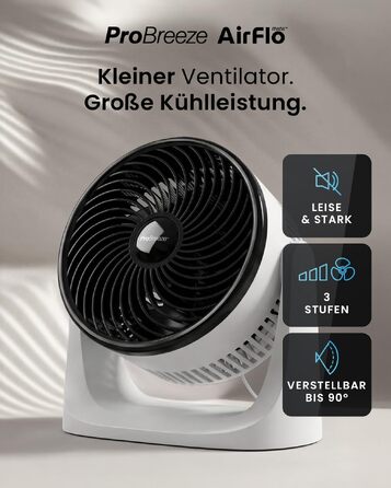 Вентилятор настільний Pro Breeze AirFlo Mini – Тихий турбо-вентилятор з 3 швидкостями, нахилом 90° та потужним потоком повітря до 4,2 м/с, компактний для офісу, спальні та робочого столу, білий