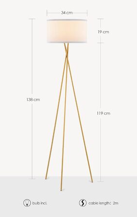 Сучасна торшерна лампа Home Sweet Home, золота, метал, LED E27 9Вт 2700K, тринога, білий абажур, для вітальні та спальні