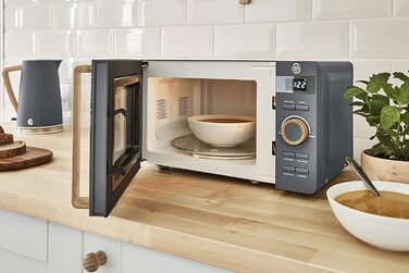 Мікрохвильова піч Swan Nordic 20 л, 800 Вт, 6 режимів, таймер 30 хв, розморожування, легке очищення, сучасний дизайн, сірий з дерев'яним ефектом