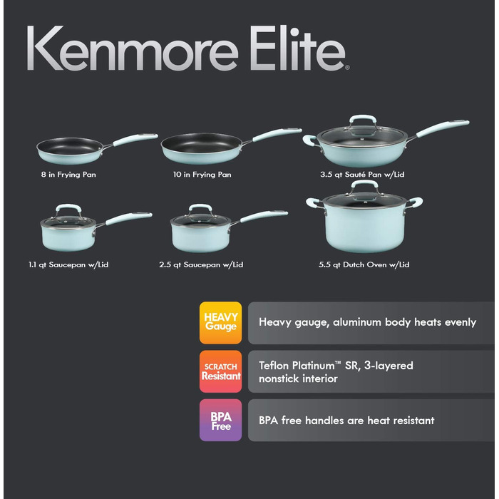 Набір посуду Kenmore Elite Andover з кованого алюмінію з антипригарним покриттям, блакитний Glacier Blue, 10 предметів