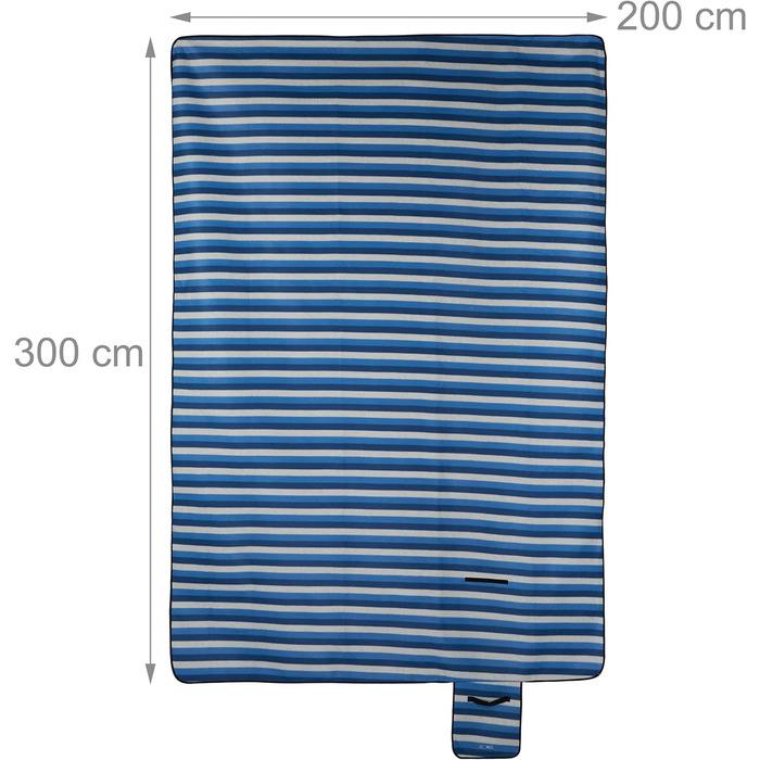 Пікнік-ковдра Relaxdays XXL 200x300 см, водонепроникна, термоізоляційна, флісова, смугаста, з ручкою для перенесення, синьо-біла