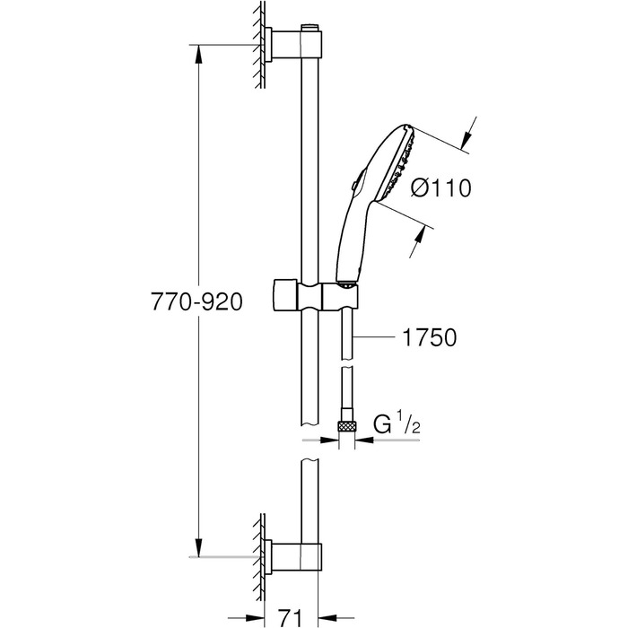 Набір для душу GROHE Vitalio 110, хром, 14 л/хв, зі змінними струменями, 60 см, для кріплення без свердління або свердління