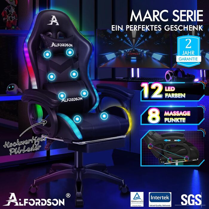 Ігрове крісло ALFORDSON з 8-точковим масажем, RGB LED підсвіткою, ергономічне, з підніжкою, підголівником і поперековою подушкою, для дітей та дорослих, чорне