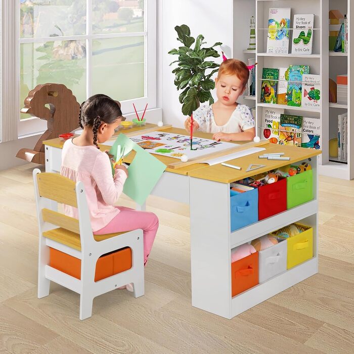 Дитячий стіл Kinder-Kunsttisch Set з 2 стільцями - дерев'яний набір для творчості для малюків з регульованою стільницею, відрами для пігментів та 8 тканинними ящиками для зберігання (Натуральний)