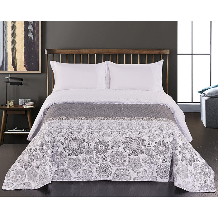 Двосторонній покривало DecoKing Alhambra 170x270 см, сталь/срібло/білий/антрацит, стьобаний, універсальний дизайн для ліжка
