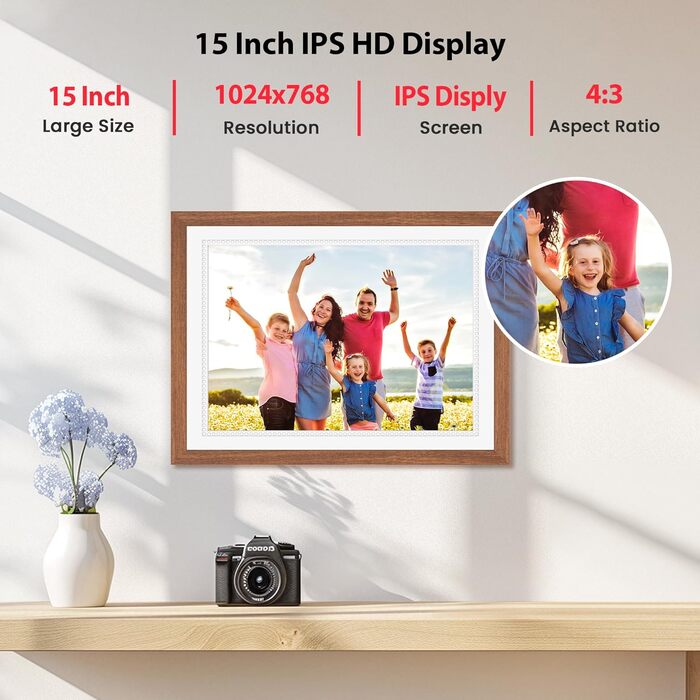 Frameo Цифровий фоторамка 10,1 дюйма, HD 1280*800 IPS сенсорний екран, 32GB пам'ять, автоповорот, Frameo App для обміну фото та відео, 15 дерев'яних текстур (білий)