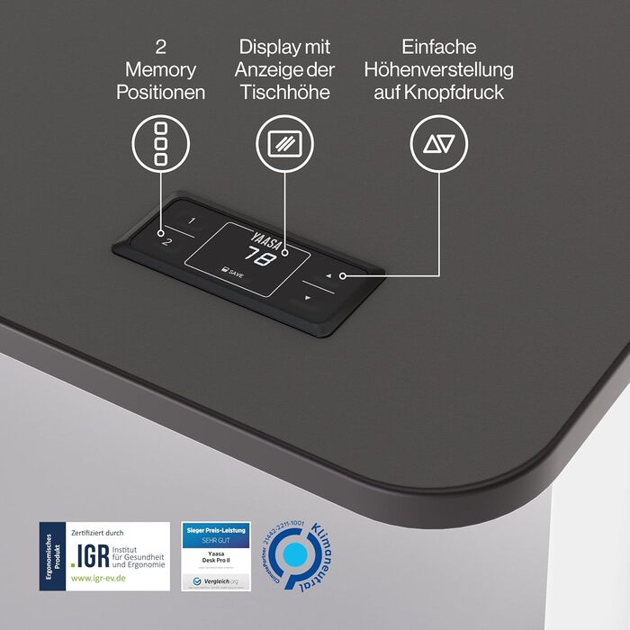 Електричний регульований стіл Yaasa Desk Pro 140x80 см, темно-сірий/чорний, 9 режимів пам'яті, індикатор висоти, датчик зіткнення, навантаження 120 кг