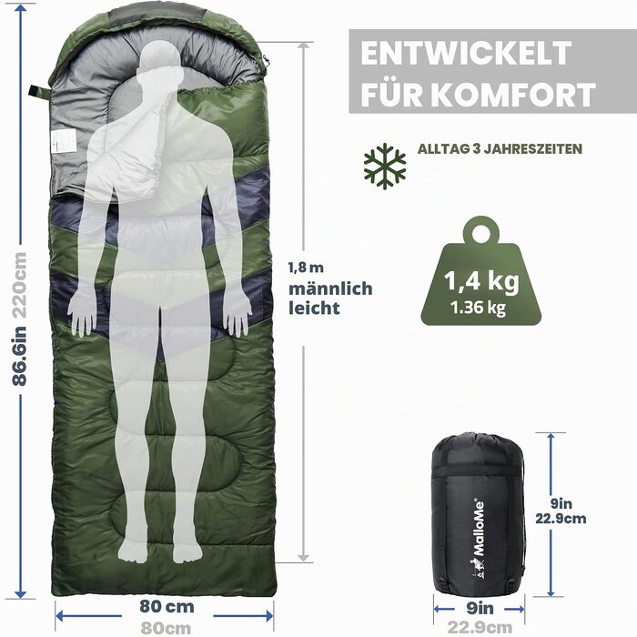 Спальний мішок MalloMe для дорослих та дітей, трисезонний (10-25°C), водонепроникний та ультралегкий для кемпінгу та походів, колір зелений