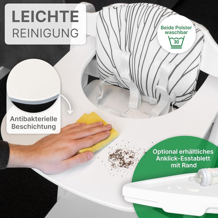 Дитячий стільчик ZWERGHELD® ZS3 Set - преміум якість, з регулюванням, для дітей від 6 місяців, до 90 кг, з підносом, дерев'яний (натуральний колір, білий)