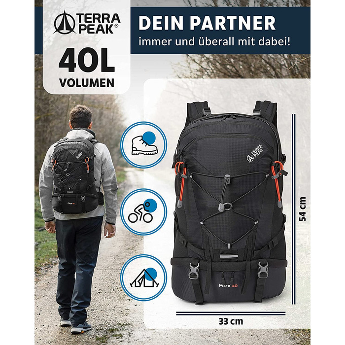 Туристичний рюкзак Terra Peak Flex 40L чорний, з вентиляцією спини, регочохлом і кріпленням для питної системи, 3D Air Mesh, для походів, з поясом, преміум-якість