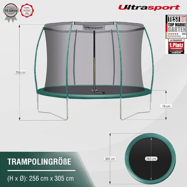 Дитячий садовий батут Ultrasport Deluxe Ø 305 см, до 150 кг, з захисною сіткою, драбиною та захисним бортом