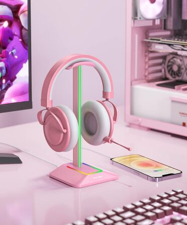 Підставка для навушників New Bee з RGB-підсвіткою, USB Type-C зарядкою та передачею даних, універсальна стійка для геймерських гарнітур, рожева