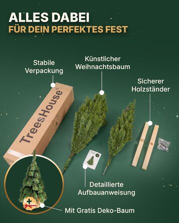Штучна ялинка TreesHouse Scandinavian Spruce 180 см, реалістична зелена хвоя, підставка з FSC-дерева