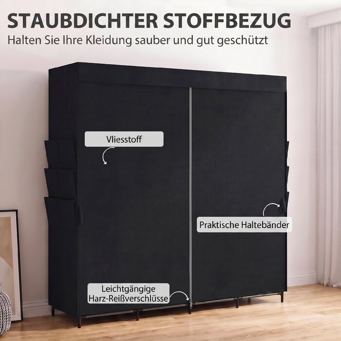 Тканинна шафа для одягу, пилозахисна, портативна, 5 штанги, 170 x 45 x 167 см, чорна