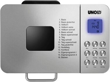 Хлібопіч Unold Backmeister Edel 68456, 550 Вт, 750-1000 г, керамічне покриття, 16 програм, для хліба, джему, тіста, LCD-дисплей, нерж. сталь