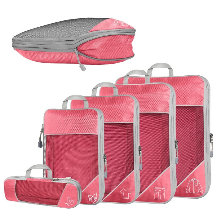 Набір компресійних органайзерів для подорожей Packing Cubes, 5 предметів, ультралегкі сумки для одягу в валізу та рюкзак, рожеві