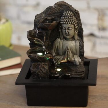 Джерело Zen'Light Zimmerbrunnen з Буддою та LED-підсвіткою - Сучасна декор для медитації та релаксації, Фен-Шуй, 26 см, горіх
