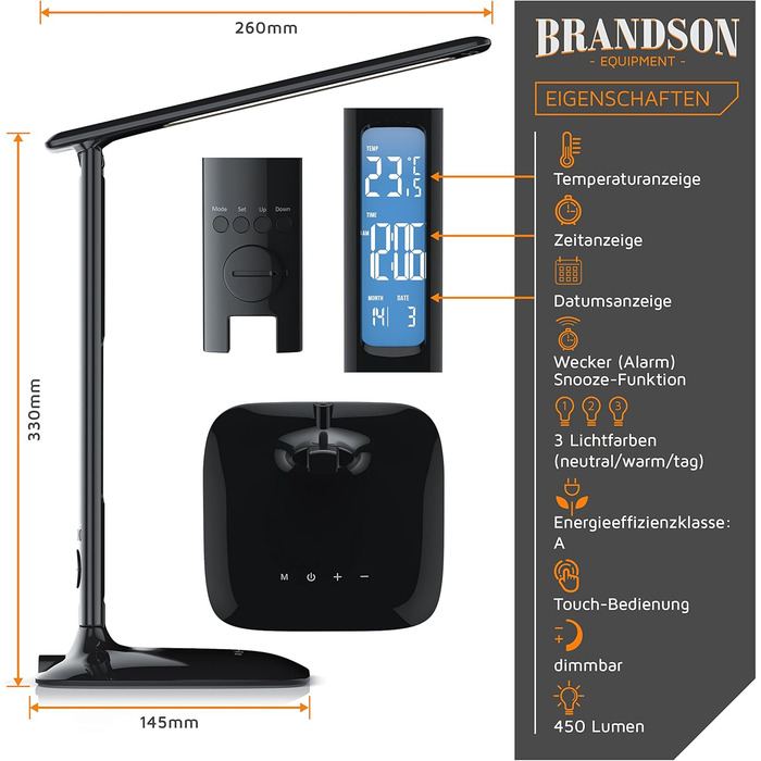 Настільна LED лампа Brandson з регулюванням яскравості, захистом очей, 3 кольорами світла (холодне, тепле, нейтральне), 5 рівнів яскравості, термометром, будильником і календарем, чорна