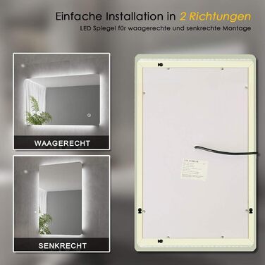 Елегантне дзеркало для ванної кімнати з LED-підсвічуванням 45 x 60 см, холодне біле світло, IP44, енергозберігаюче, настінне