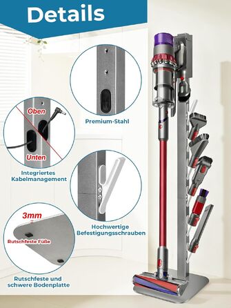 Металевий стійка-тримач JUPELI для пилососів Dyson V16, Gen5, V15, V12, V11, V10, V8, V7, V6 — підставка для зберігання пилососа та аксесуарів, без свердління (Сріблястий)