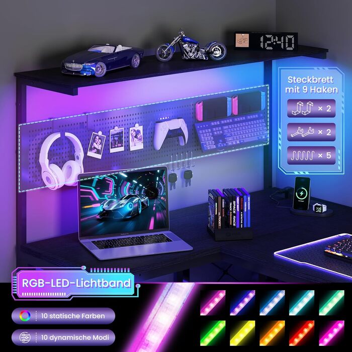 Ігровий стіл Youdenova L-подібний з LED, розеткою та USB, кутовий з полицею та перфорованою стінкою, 120x80 см. Комп'ютерний стіл для геймерів та дому