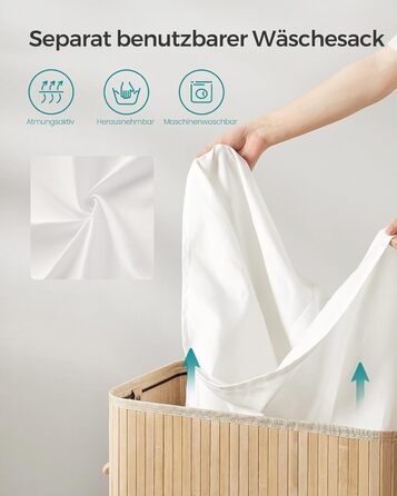 Кошик для білизни SONGMICS з кришкою, 100 л, бамбук, знімний мішок, ручки, натуральний бежевий