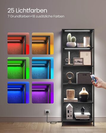 VASAGLE книжкова шафа з 6 полицями, стелаж зі сталевим каркасом, регульоване LED-підсвічування, 30,3×60×178,6 см, для вітальні, спальні, кабінету, чорне ебенове дерево