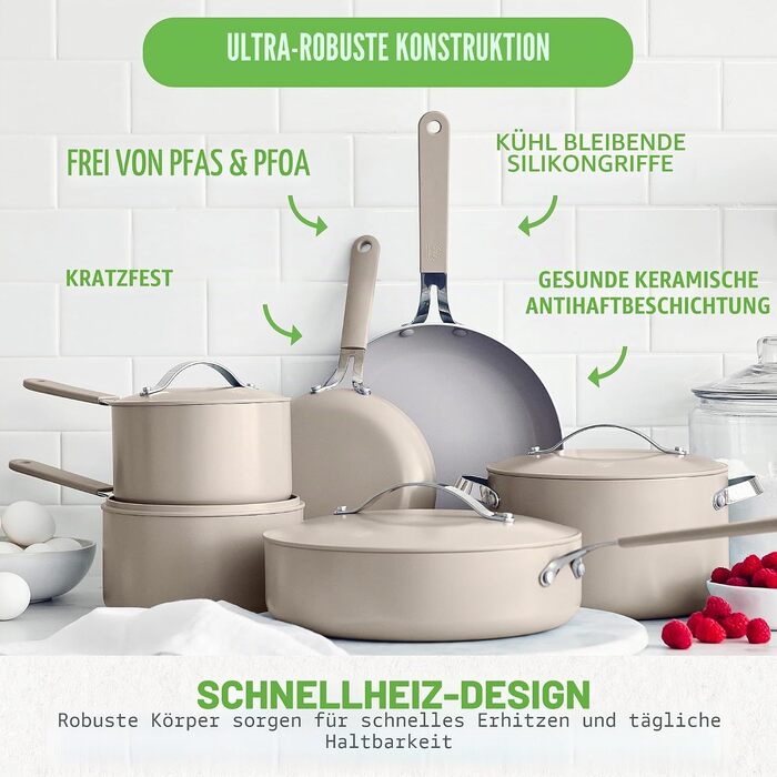 Набір керамічного посуду GreenLife з 10 предметів, антипригарне покриття без PFAS, силіконові ручки, підходить для духовки та посудомийки, колір Dream Dusty Rose