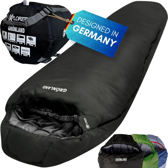 Зимовий спальний мішок-кокон EXPLORER® GRÖNLAND для дорослих, температурний режим -23°C...-5°C, наповнювач 350GSM, 230x82x55см, чорний (правий замок)