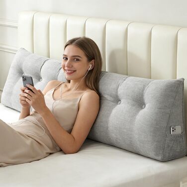 Подушка трикутна для спини OHMG 200x50x20 см світло-сіра з кишенею, для ліжка та дивана, знімний чохол