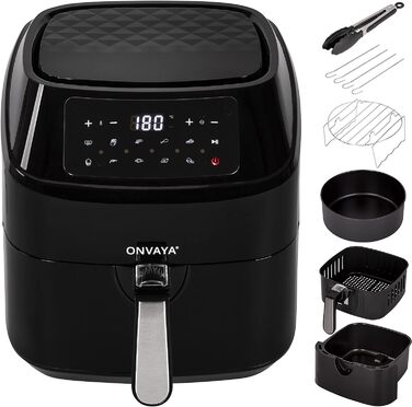 Аерофритюрниця ONVAYA XXL, без олії, 1700 Вт, LED-дисплей, 10 програм, для 5-6 осіб, з формою для випікання та решіткою зі шпажками
