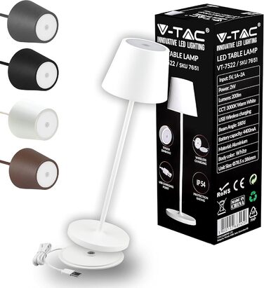 Настільна LED-лампа V-TAC, диммована, бездротова, сенсорна, акумулятор 4400 мА·г, IP54, тепле світло 3000K, для дому, вулиці, ресторану
