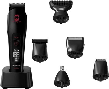 Машинка для стрижки GRUNDIG MGK 9030 ProClub, сенсор для бороди, вологе та сухе використання, літій-іонний акумулятор, титанове лезо, чорний/червоний