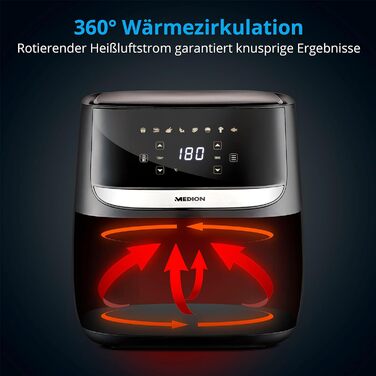 Аерофритюрниця MEDION E50 XL, 5,7 л, 1700 Вт, цифрова панель, 8 програм, без олії, таймер 30 хв, захист від перегріву, чорна