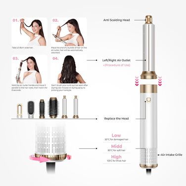 MogaWave Air Styler Pro 6 в 1: Фен-щітка, стайлер для волосся 1000W, професійний, для всіх типів волосся (біло-сірий)
