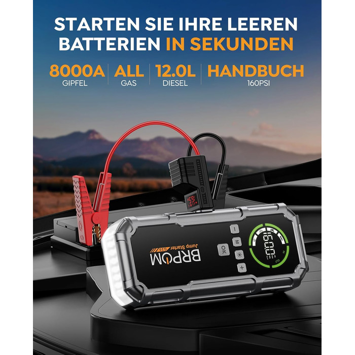 Powerbank Starthilfe BRPOM для автомобіля з компресором 160PSI, 8000A, 26800mAh, для бензинових та дизельних двигунів (12.0L), стартер, LED-ліхтар 600LUM, сріблясто-сірий