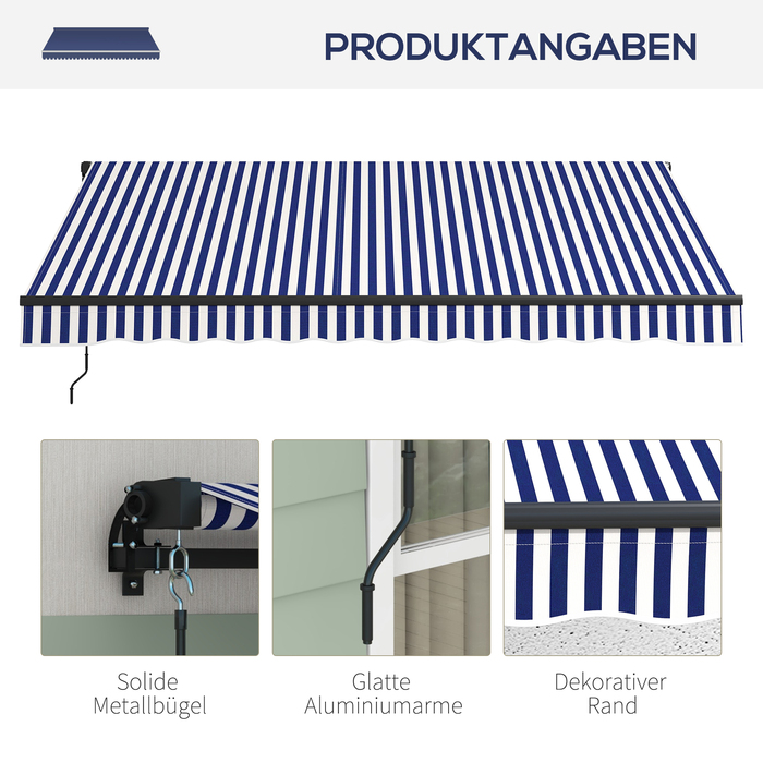 Тент Outsunny Folding Arm з ручною рукояткою, 350 x 300 см, UV30+ Сонцезахисний тент Патіо маркіза з кутом 45-85°, Балконні маркізи з водонепроникним покриттям, Настінне кріплення, Синій+Білий