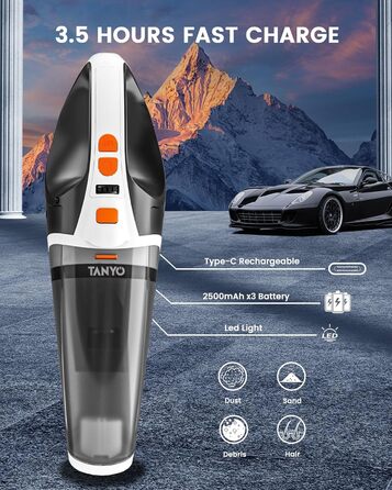 Портативний бездротовий пилосос TANYO 5-в-1, 15000/10000Па, LED, для авто, дому, кухні, тваринної шерсті, вологе/сухе прибирання, біло-оранжевий
