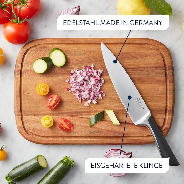 Набір кухонних ножів Jamie Oliver від Tefal з підставкою, 6 предметів: кухонний, сантоку, для хліба, універсальний та ніж для чищення, сталь з криозагартуванням, блок з акації, коричневий, K267S556