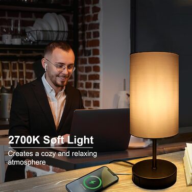 Настільна лампа Wondlumi чорна з димером, сенсорна, USB, E27, з абажуром, 6Вт LED, для спальні, сучасна, подарунок