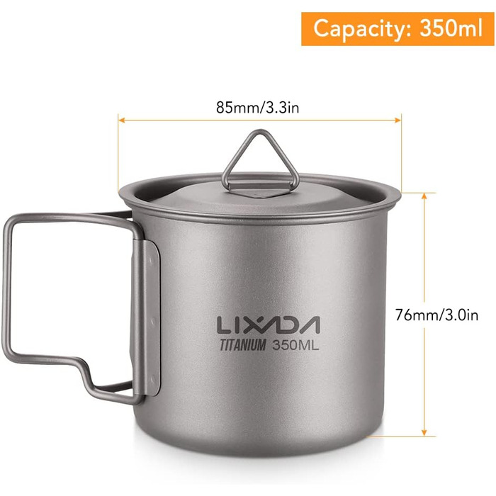Титанова кружка-каструля Lixada 900 мл з кришкою та складаною ручкою для кемпінгу, трекінгу та туризму