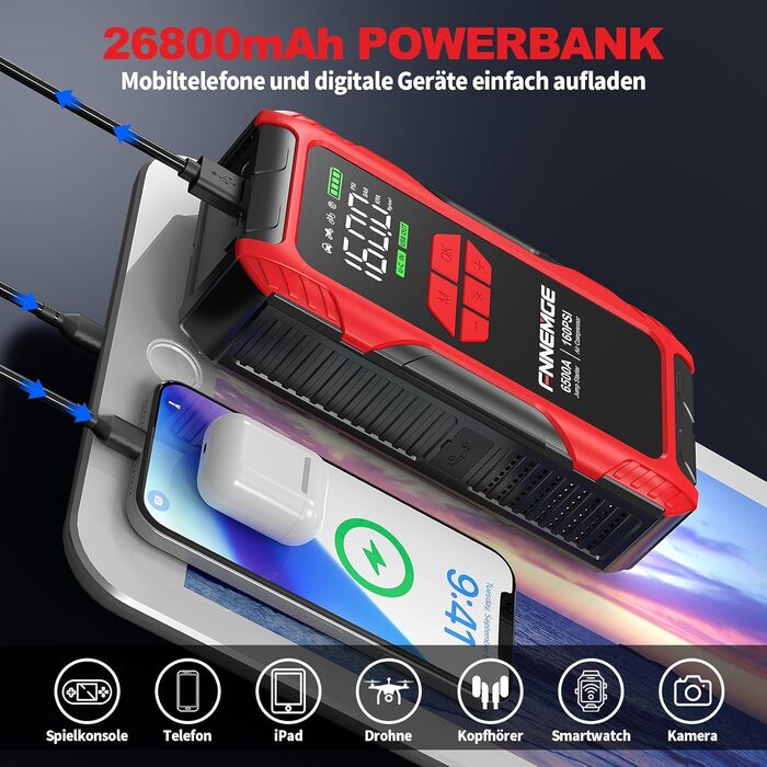 Пусковий пристрій (бустер) FNNEMGE 26800mAh 6500A з компресором 160PSI для авто (бензин та дизель до 10.0л), LCD-дисплей, LED-ліхтарик